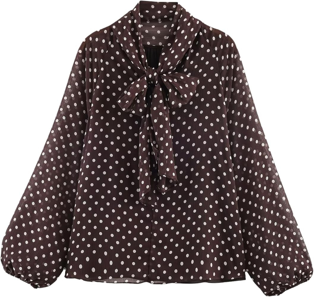 Chevara Women’s Polka Dot Print Blouse Bow Tie Neck Long Sleeve Chiffon Tops | Amazon (US)