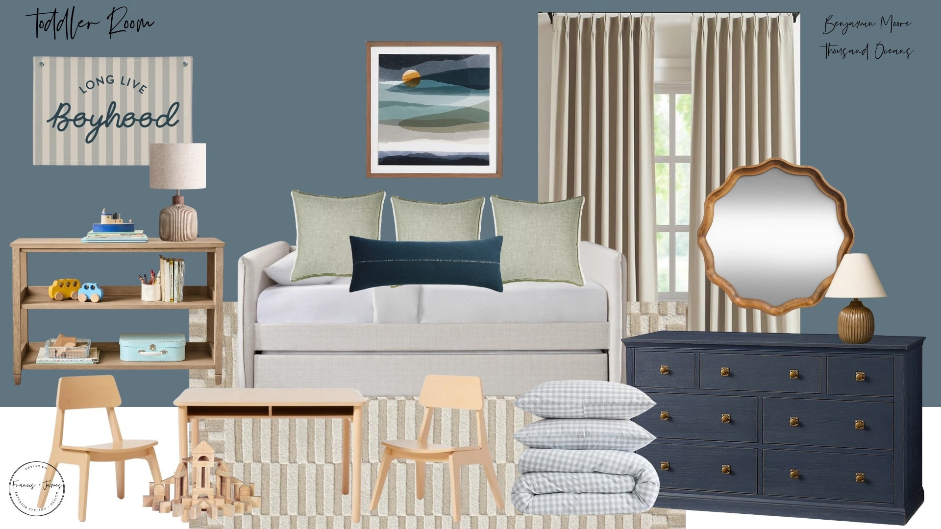 Toddler room, toddlers, trundle bed, blue toddler room, toddler table, duvet cover, navy dresser, round mirror, pinch pleat curtains, green pillows, navy pillows, toy shelf, boyhood sign, lamps, sunset frame, sunset picture, kids art, kids wall art

#LTKKids #LTKBaby #LTKBump