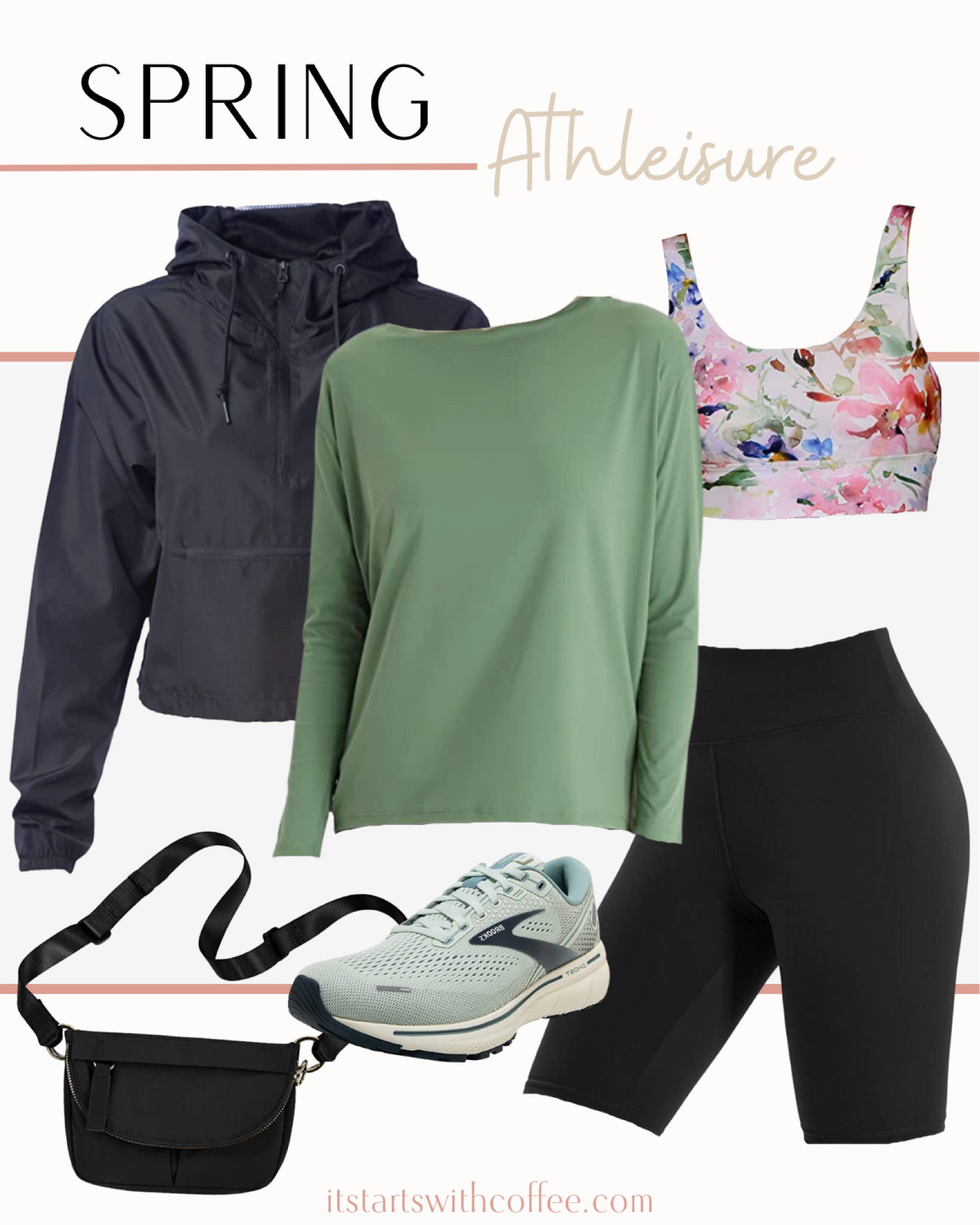 Athleisure from Amazon includes black biker shorts, long sleeve workout shirt, cropped women’s windbreaker, belt bag, Brooks tennis shoes, and floral sports bra.

Athleisure, Amazon finds, exercise clothes, comfy clothes, casual clothes

#LTKunder50 #LTKfit #LTKstyletip