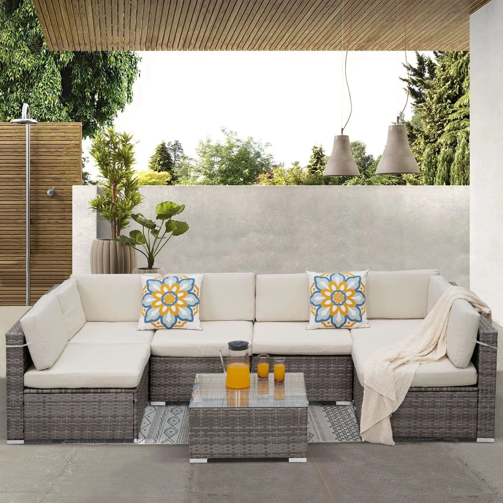 Royalcraft 7 Pieces Patio Furniture Sets, All-Weather PE Grey Wicker Outdoor Rattan Sectional Sof... | Walmart (US)