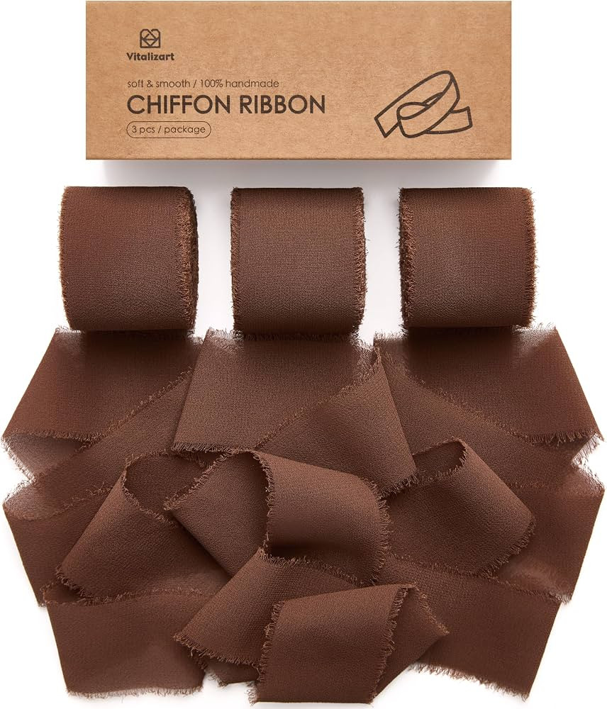 Vitalizart Brown Handmade Chiffon Silk Ribbon Fringe 3 Rolls 1.5" x 21 Yd Dark Brown Frayed Edges... | Amazon (US)