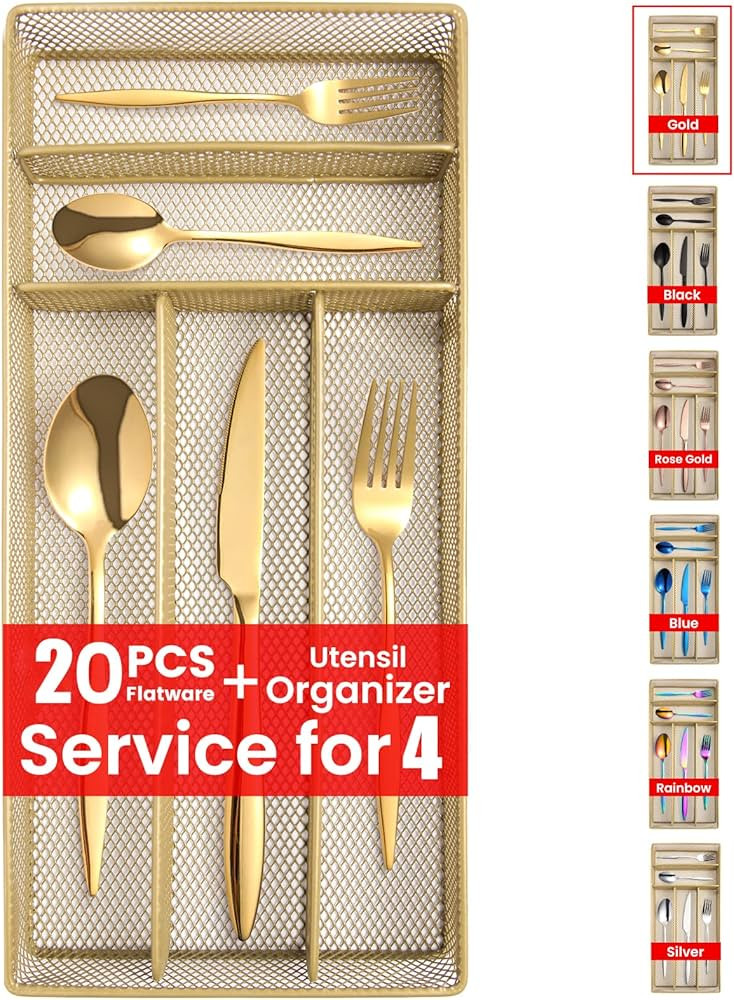 20 Pieces Gold Silverware Set with Tray for 4, KITWARE Stainless Steel Flatware Set, Mirror Polis... | Amazon (US)