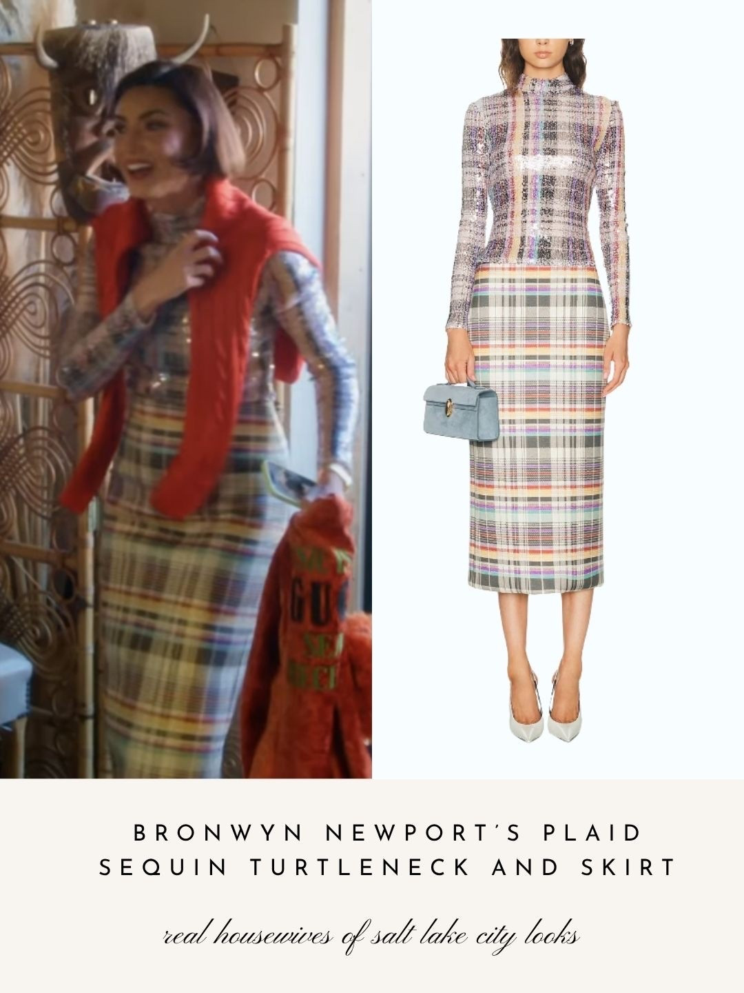 Bronwyn Newport’s Plaid Sequin Turtleneck and Skirt