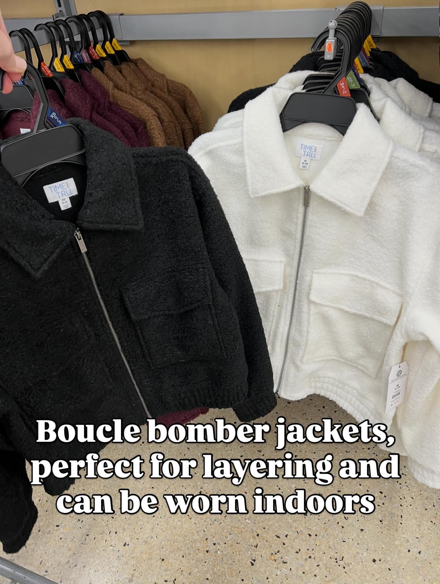 Boucle bomber jackets! I’d do a bootcut or flare jean and pointy toe boots with these. #walmartfashion 

#LTKFindsUnder100 #LTKFindsUnder50