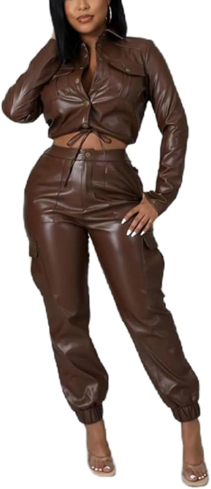 Womens PU Leather Long Sleeve Outfits Jacket Button Top with Cargo Pants Six Pockets PU Leather S... | Amazon (US)