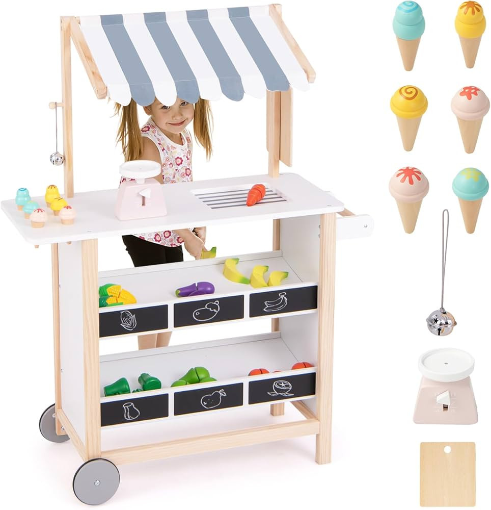 Costzon Kids Pretend Play Grocery Store, Wooden Ice Cream Cart Toy Set for Kids with Ice Cream Ma... | Amazon (US)