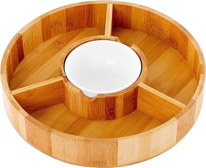 Chip and Dip Serving Bowl – Wooden Appetizer Platter Set with Dip Cup for Salsa, Guacamole, Nac... | Amazon (US)