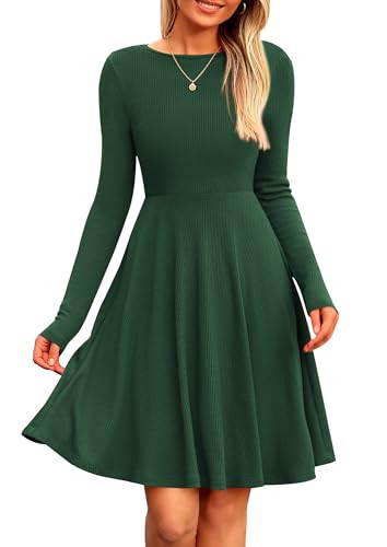 PRETTYGARDEN Women's Spring Fall Short Dress Ribbed Knit Crewneck Long Sleeve A Line Flowy Casual Elegant Going Out Dresses (Dark Green,X-Large) | Amazon (US)
