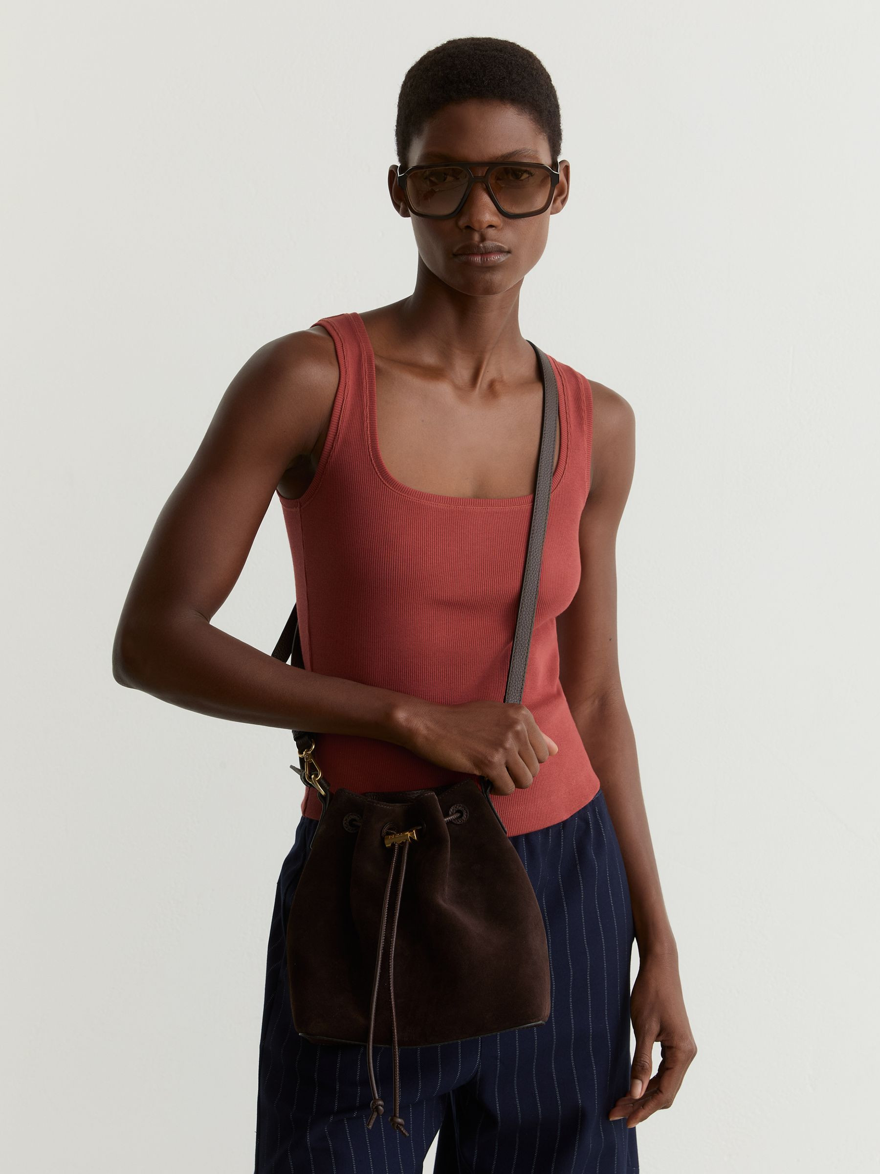 Stretch-Cotton Ribbed Square-Neck Vest in Rust Red | Reiss US