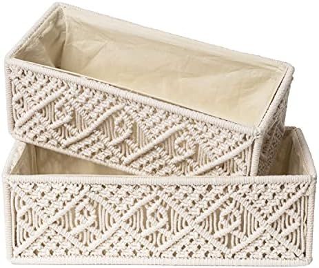 Livalaya Macrame Storage Baskets and Decorative Bins with Lining, Woven Boho Basket Box Organizer... | Amazon (US)