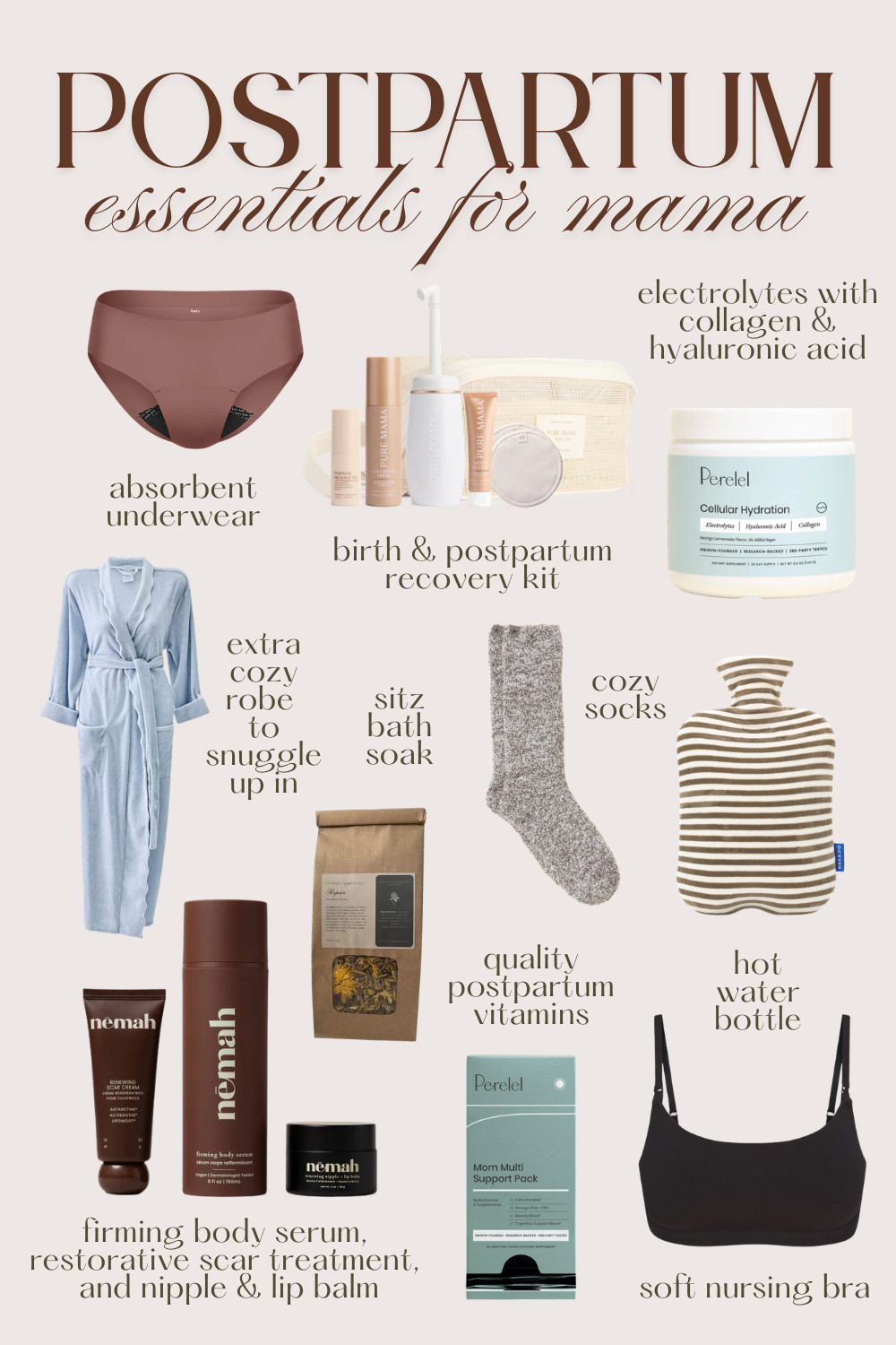 Everything your postpartum body deserves all in one place 🤍 We are talking absorbent underwear, a Pure Mama recovery kit, cozy robe and socks, herbal sitz bath soak, Nemah firming serum and scar treatment, a soft nursing bra, and a hot water bottle for those afterbirth cramps. And if you have not tried Perelel yet — their cellular hydration electrolytes and Mom Multi Support vitamins are absolute must-haves postpartum. Use code CORTNEY15 for 15% off your Perelel order! 🙌 Everything else is linked below! #postpartum #postpartumrecovery #newmom #ltkbaby #postpartumessentials #fourthtrimester #perelel

#LTKmomlife #LTKBump #LTKBaby