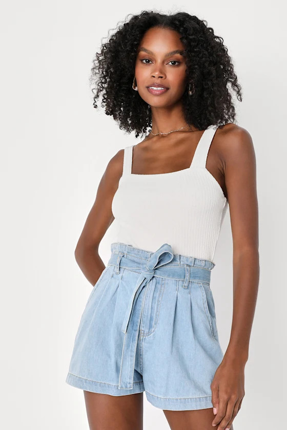 Summer Weather Light Wash Denim Belted Paperbag Waist Shorts | Lulus (US)