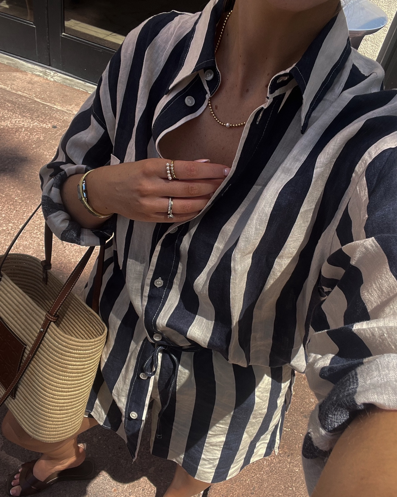 Holiday stripe coord set ☀️

Holiday outfits, summer outfits, stripes, Loewe basket bag, miu miu sunglasses 