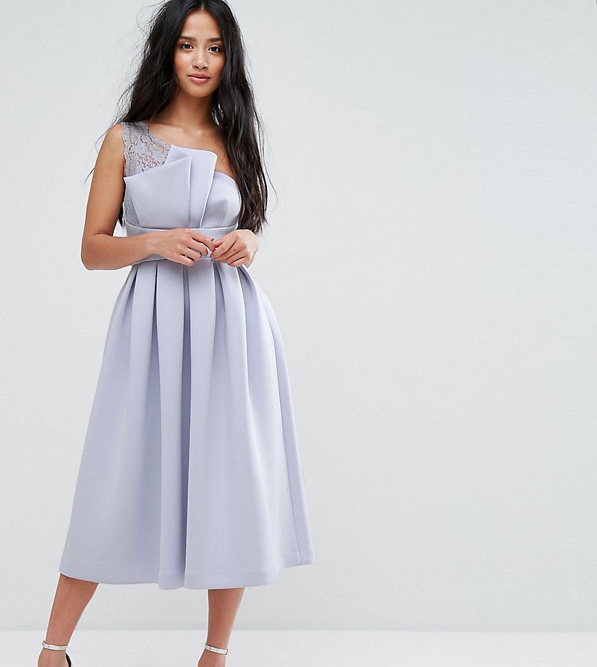 ASOS PETITE PREMIUM One Shoulder Lace Scuba Midi Prom Dress - Blue | ASOS US