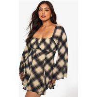 boohoo Women's Plus Check Godet Skater Dress in Stone | Size: 14 | Denim | boohoo (US & Canada)