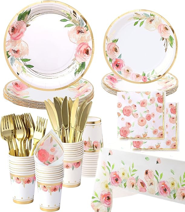 Luxury Floral Paper Plates and Napkins Party Supplies - Serves 16 - Pink and Gold Flower Decorati... | Amazon (US)