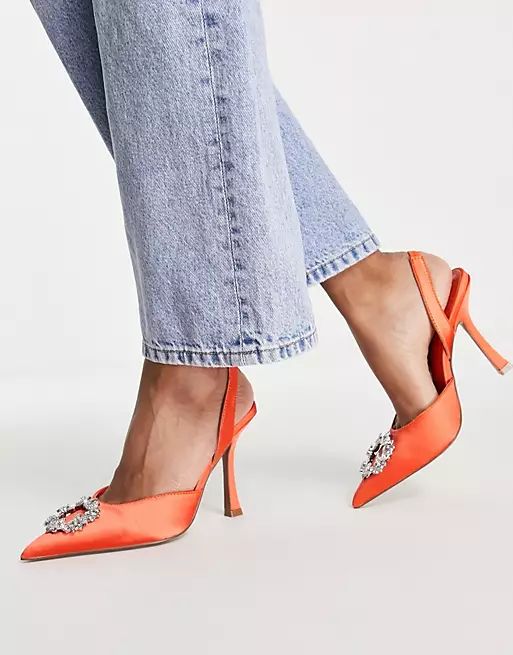 ASOS DESIGN Poppy embellished slingback high heeled shoes in orange | ASOS (Global)