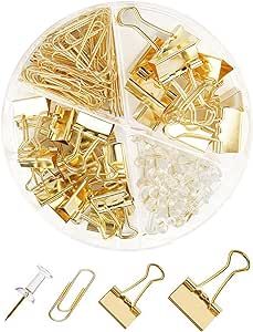 Creechwa Gold Binder Clips and Paper Clips Push Pins Tacks Sets, Total 72 PCS Assorted Sizes Offi... | Amazon (US)