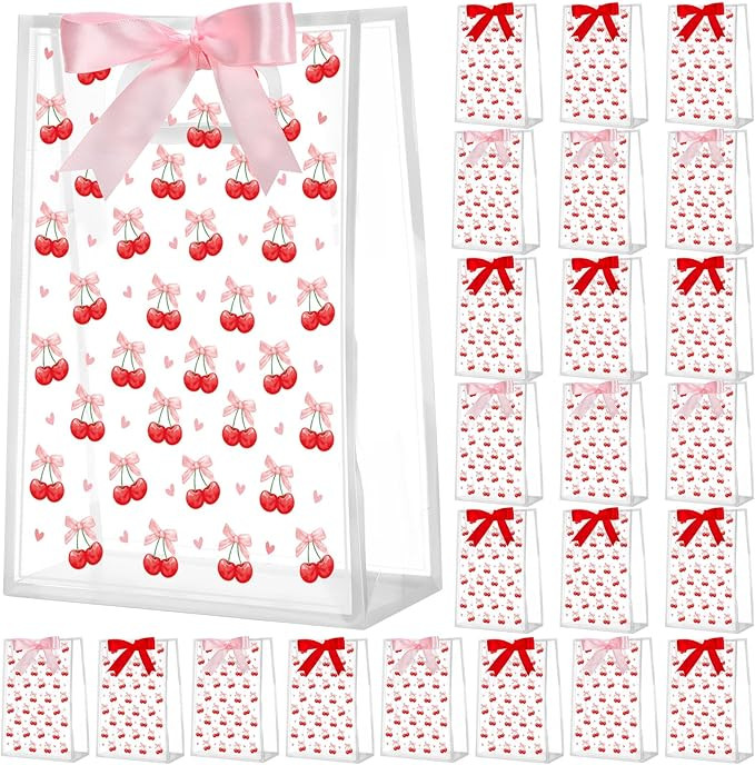 Geyoga 24 Pcs Cherry Gift Bag with Handles Ribbon 7x10x3.15 in Clear Cherry Bow Bags Reusable PVC... | Amazon (US)