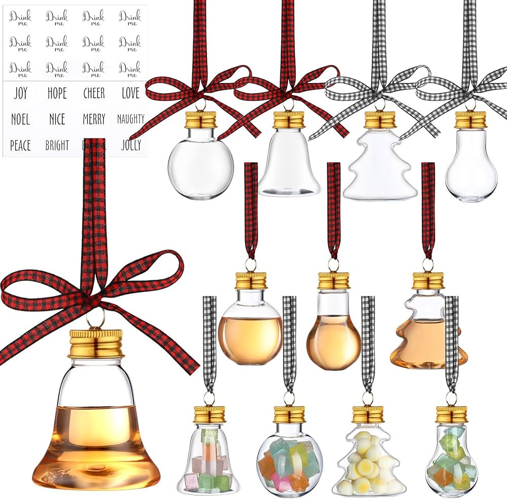 12 Pcs Christmas Booze Balls Christmas Fillable Booze Tree Ornaments with Buffalo Plaid Ribbon St... | Amazon (US)