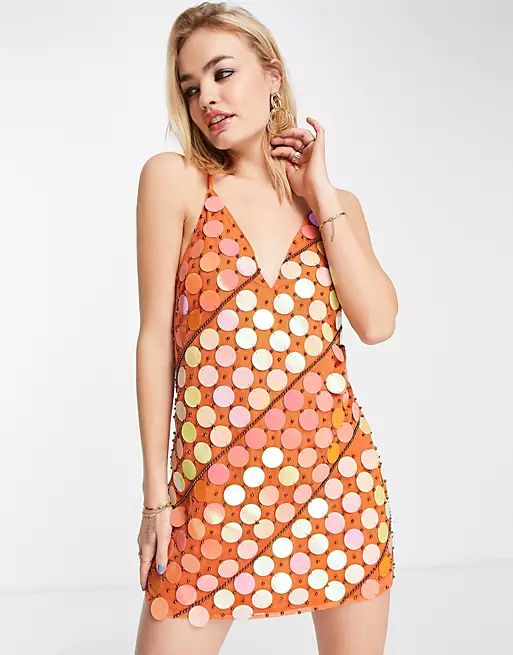 ASOS DESIGN embellished cami mini dress with disc sequin detail in orange | ASOS (Global)