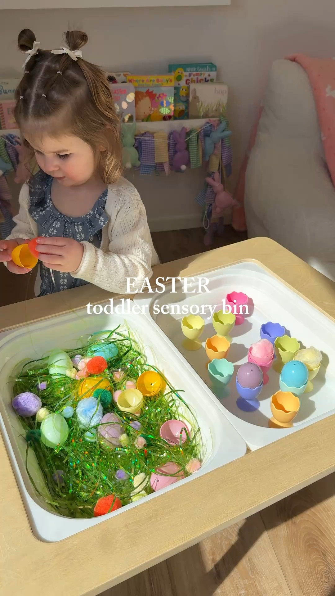 Easter sensory bin idea for toddlers 🐣🌸
This simple Easter activity is perfect for color matching, fine motor skills, and independent play! I used pastel Easter eggs, egg holders, pom poms, and Easter grass filler to create an easy sensory bin my toddler loved.

If you’re looking for easy toddler activities or spring sensory play, this is such a fun and affordable option using Target finds!

#ltkfamily #ltkkids #ltkhome #easterideas #toddlermom #toddleractivities #sensoryplay #easterbasketideas #springactivities #momlife #targetfinds #learningthroughplay

#LTKKids #LTKSeasonal #LTKmomlife