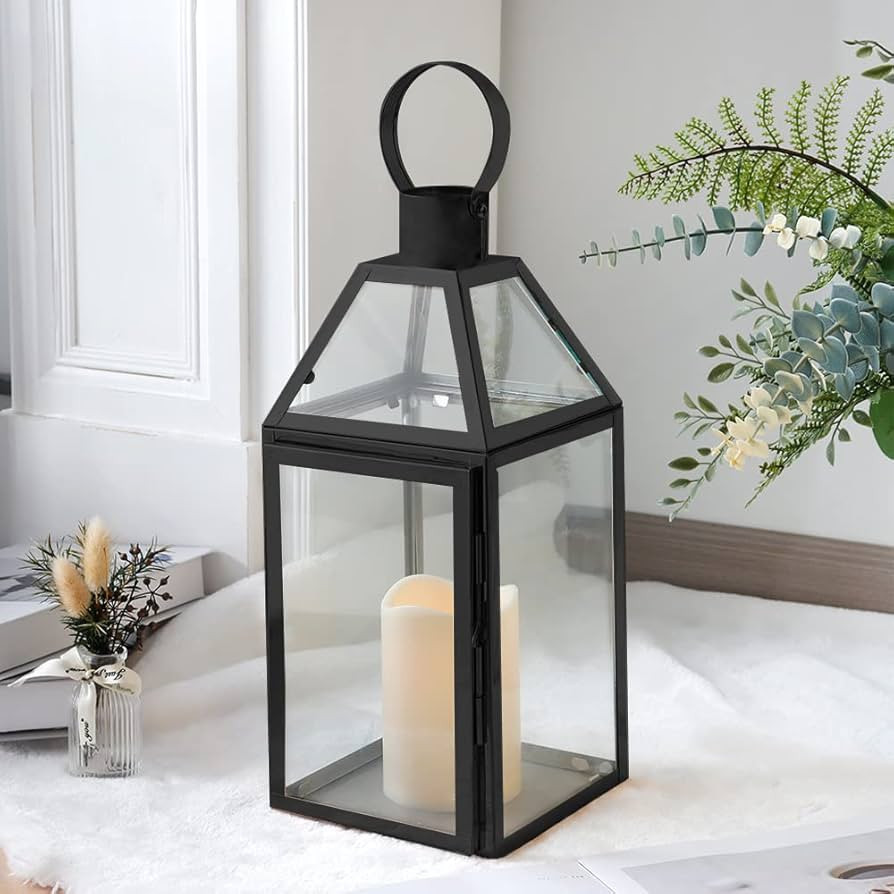 JHY DESIGN Black Decorative Lanterns 34cm High Stainless Steel Candle Lanterns with Tempered Glas... | Amazon (UK)
