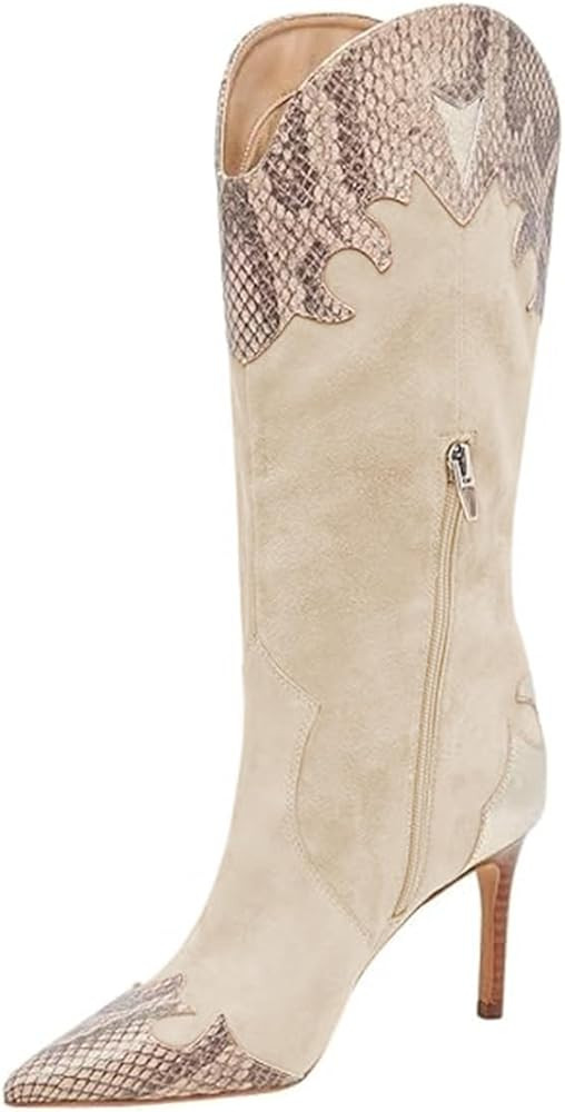 miss left Women Trendy Thin High Heel Pointed Toe Knee High Boots Side Zipper Mid Calf Cowboy Wes... | Amazon (US)