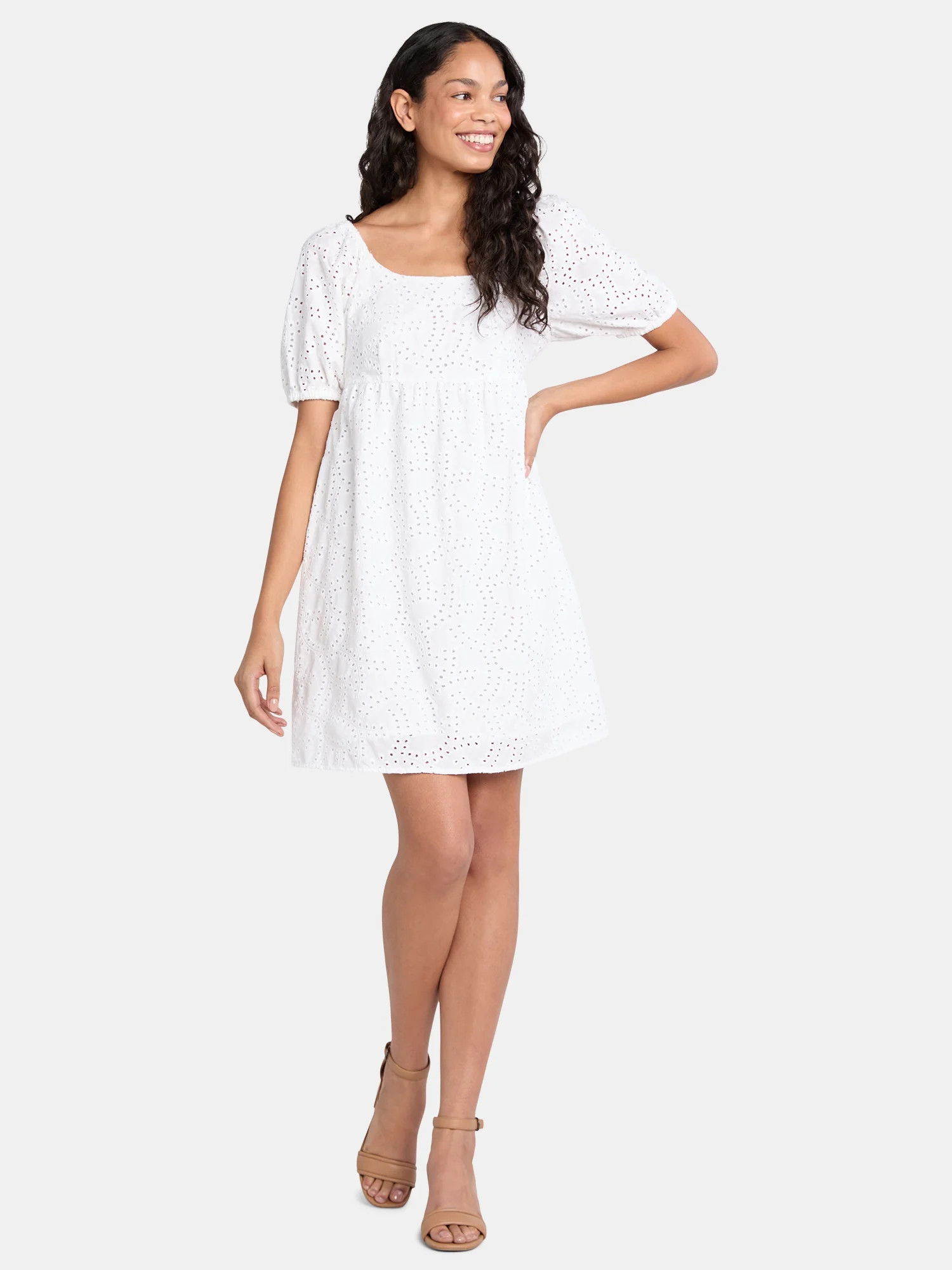 Time and Tru Women's and Women's Plus Eyelet Mini Dress with Puff Sleeves, Sizes XS-4X | Walmart (US)