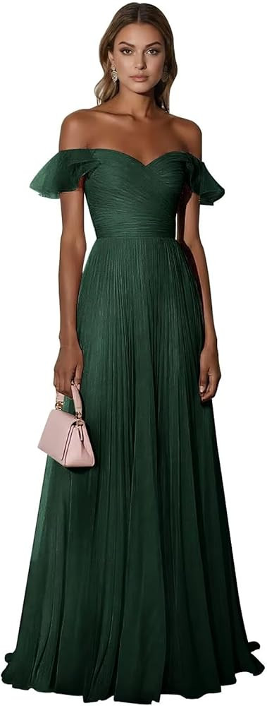 RYANTH Chiffon Off The Shoulder Bridesmaid Dresses Long Pleated Prom Dresses Women's A Line Forma... | Amazon (US)