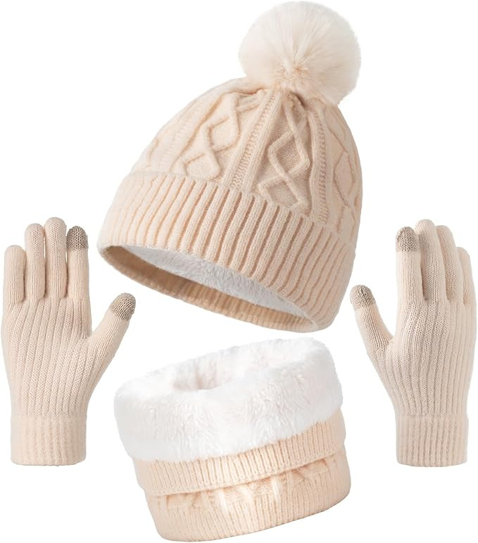 Winter Beanie Hat Circle Scarves Touchscreen Gloves Set, Thick Fleece Lined Skull Cap Gloves Neck... | Amazon (US)
