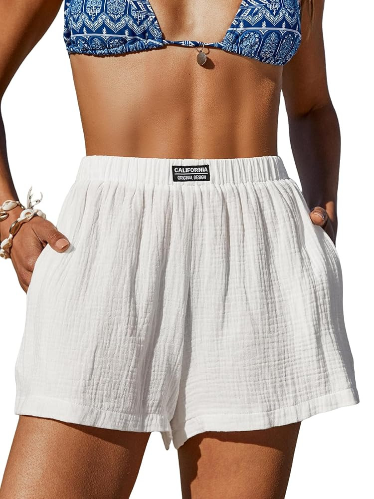 CUPSHE Women's Casual Shorts Cotton High Rise Beach Cover Ups Summer Shorts with Pockets | Amazon (US)