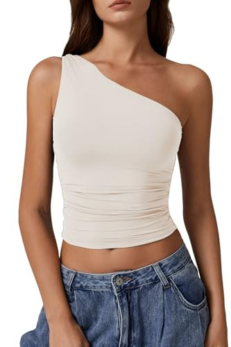 QINSEN Women's One Shoulder Tank Tops Double Lined Sleeveless Slim Fit Cropped Tee Shirt Y2k Tops | Amazon (US)