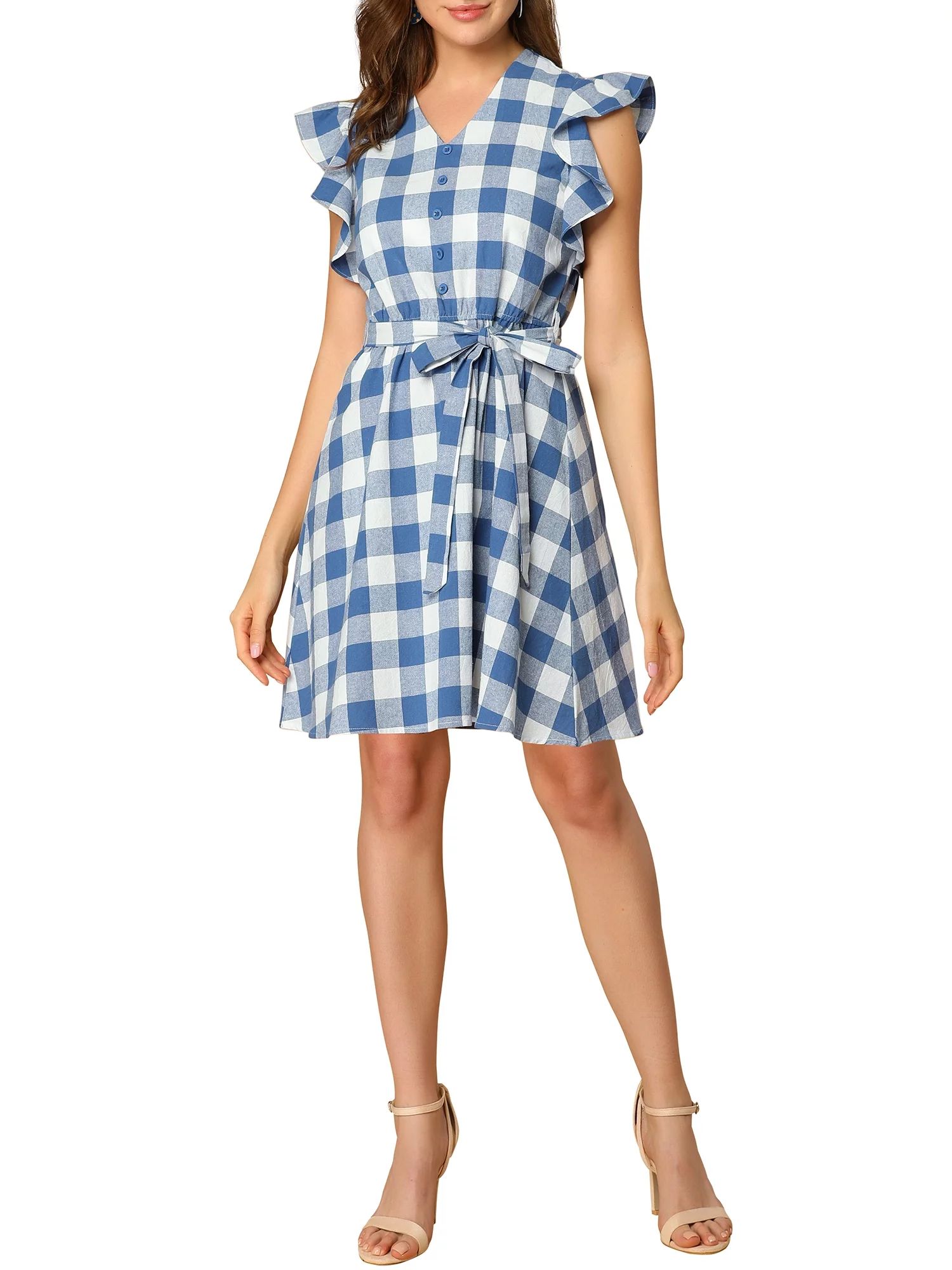 Allegra K Women's Ruffled Sleeve Belted Vintage Check Plaids Dress | Walmart (US)