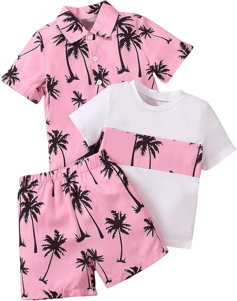 Floerns Boy's 3 Piece Outfit Tropical Print Blouse and Tee Shirts with Shorts Set | Amazon (US)