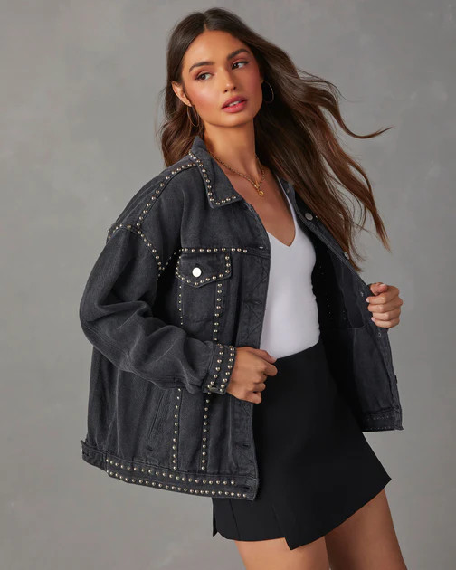 Kind Of A Big Deal Pocketed Studded Denim Jacket - Black | VICI