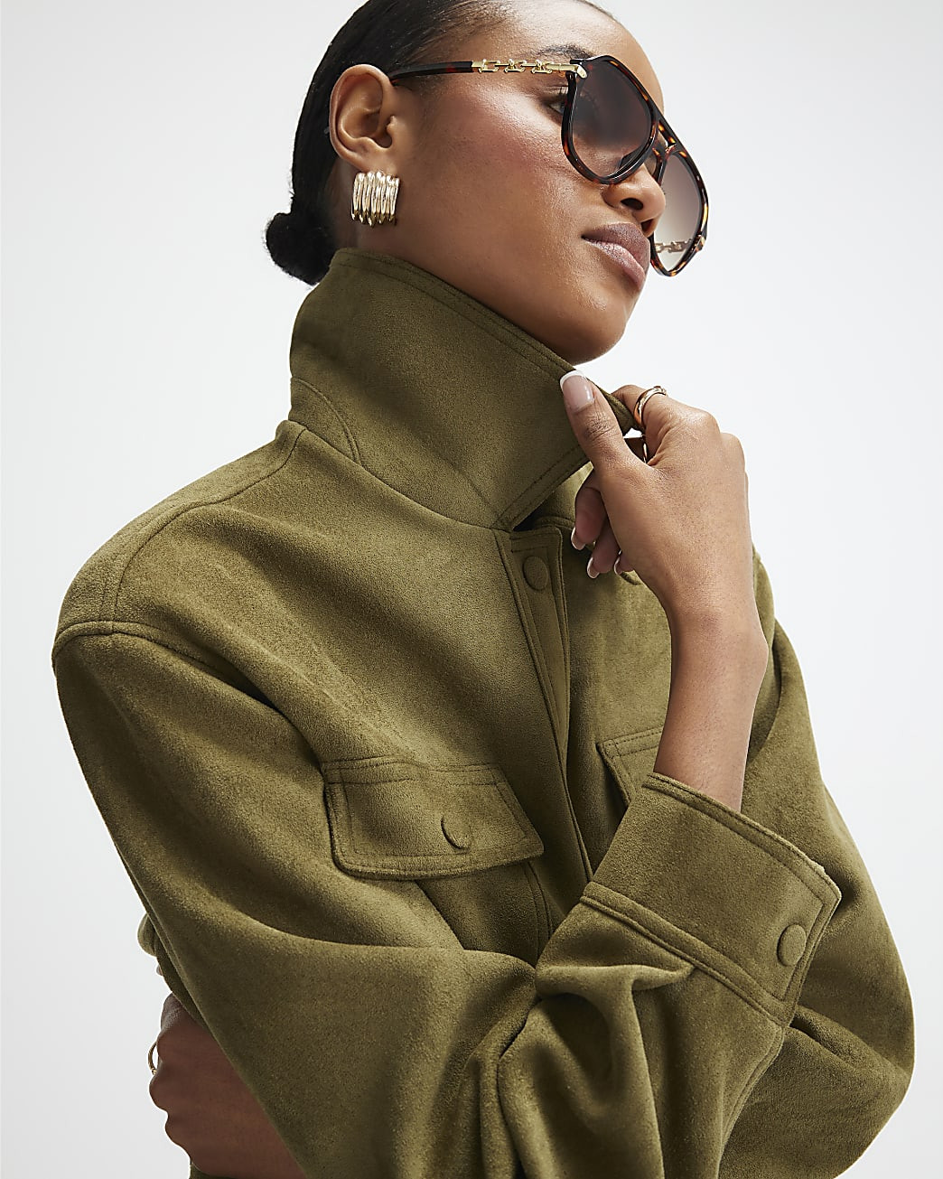 Khaki Belted Faux Suede Belted Jacket | River Island UK & IE
