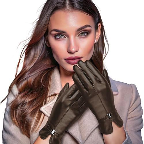 OZERO Leather Winter Gloves for Women,Sheepskin Wool Warm Womens Gloves with Touchscreen Fingers for Cold Weather Texting Driving-Brown Small | Amazon (US)