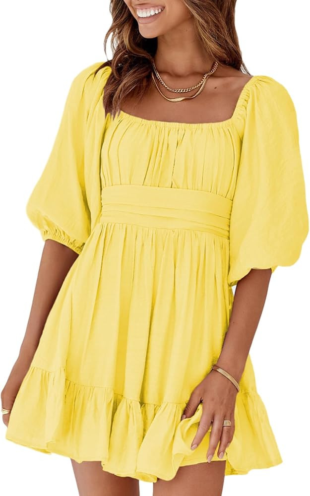 Dokotoo Womens Summer Dresses Square Neck Tie Back Lantern Sleeve Ruffle A-Line Casual Dress | Amazon (US)