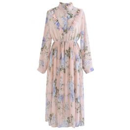 Gorgeous Peony Pleated Chiffon Midi Dress in Nude Pink | Chicwish