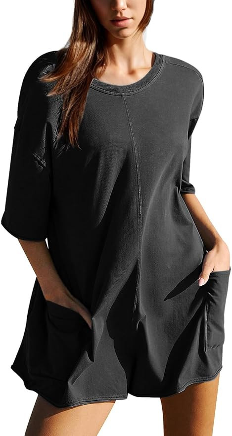 Dokuritu Rompers for Women Short Sleeve Round Neck Summer Athletic Romper Oversized Back V Neck O... | Amazon (US)