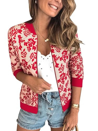 ECOWISH Women's Casual Floral Zip Up Bomber Jacket Coat Lightweight Short Camo No Lining Outwear Tops Windbreaker with Pocket 3303 Red Medium | Amazon (US)