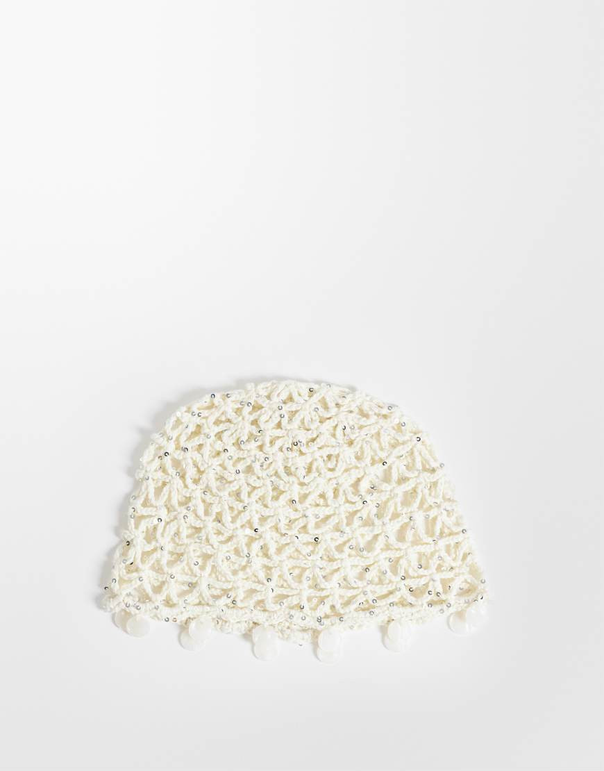 ASOS DESIGN crochet knitted skull cap with faux shell trim in natural-White | ASOS (Global)