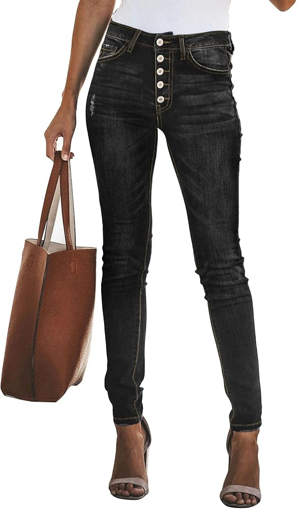 KIRUNDO 2024 Women's Skinny Jeans with Buttons Solid Color Casual Stretchy High Waisted Jeans wit... | Amazon (US)