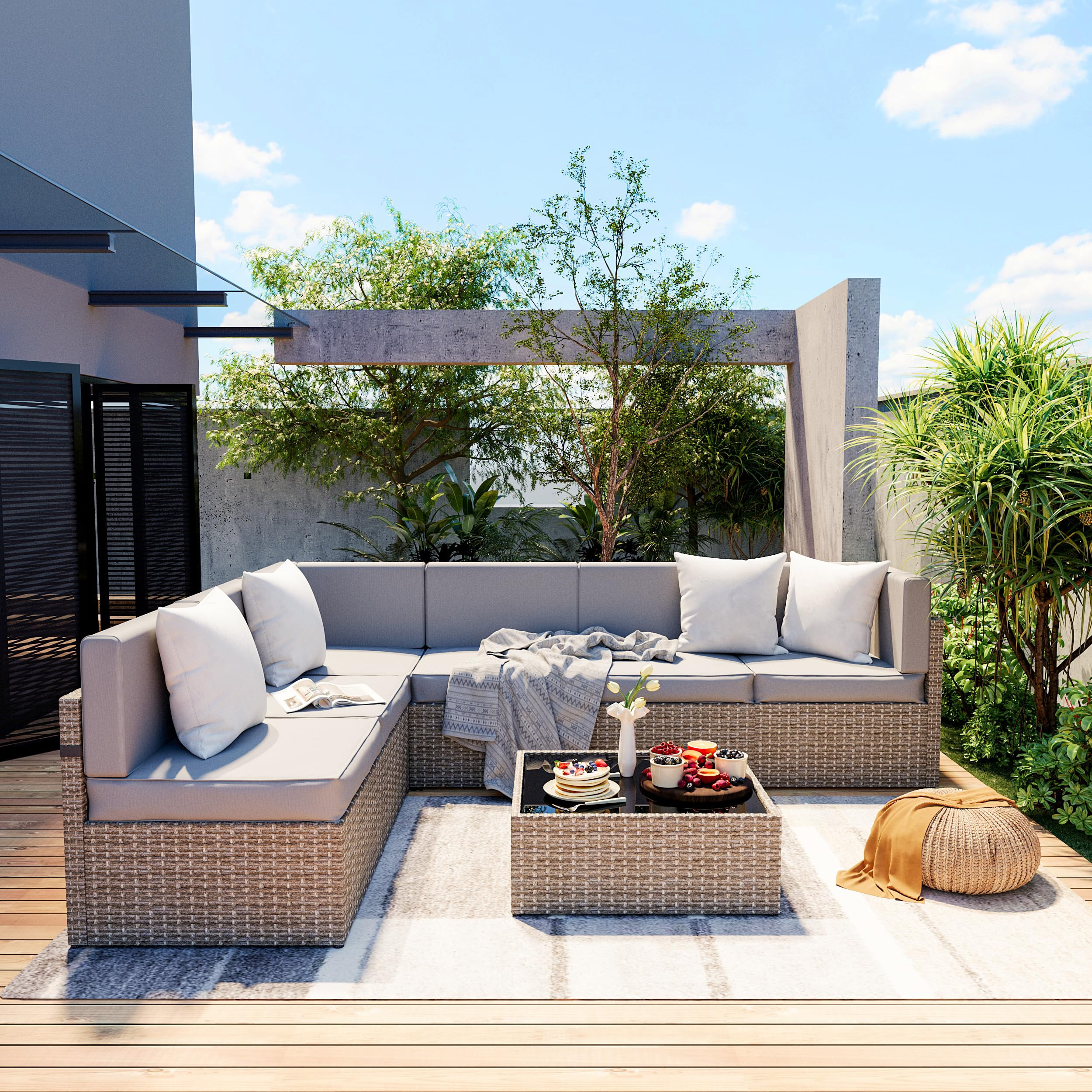 Pamapic 7-Piece Outdoor Sectional Furniture Set, All-Weather Wicker Patio Sofa with Washable Cushions, Gray Waterproof Rattan Conversation Set for Backyard, Poolside, Garden (Gray Cushions) | Amazon (US)