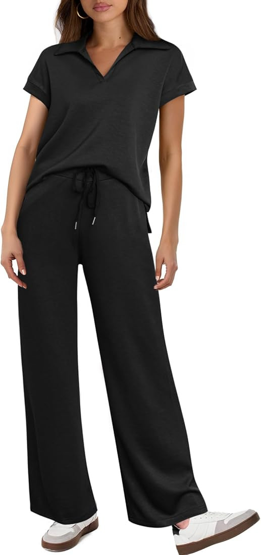 Glamaker Womens 2 Piece Summer Outfit Lounge Set Cap Sleeve Polo Top And Pant Set Tracksuit Trave... | Amazon (US)