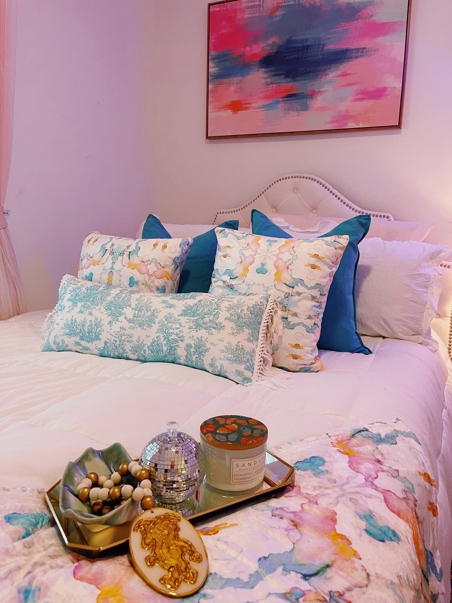 All the details for my bedding and painting 🩵🎀 I thrifted the blue willow lumbar pillow  

#LTKhome