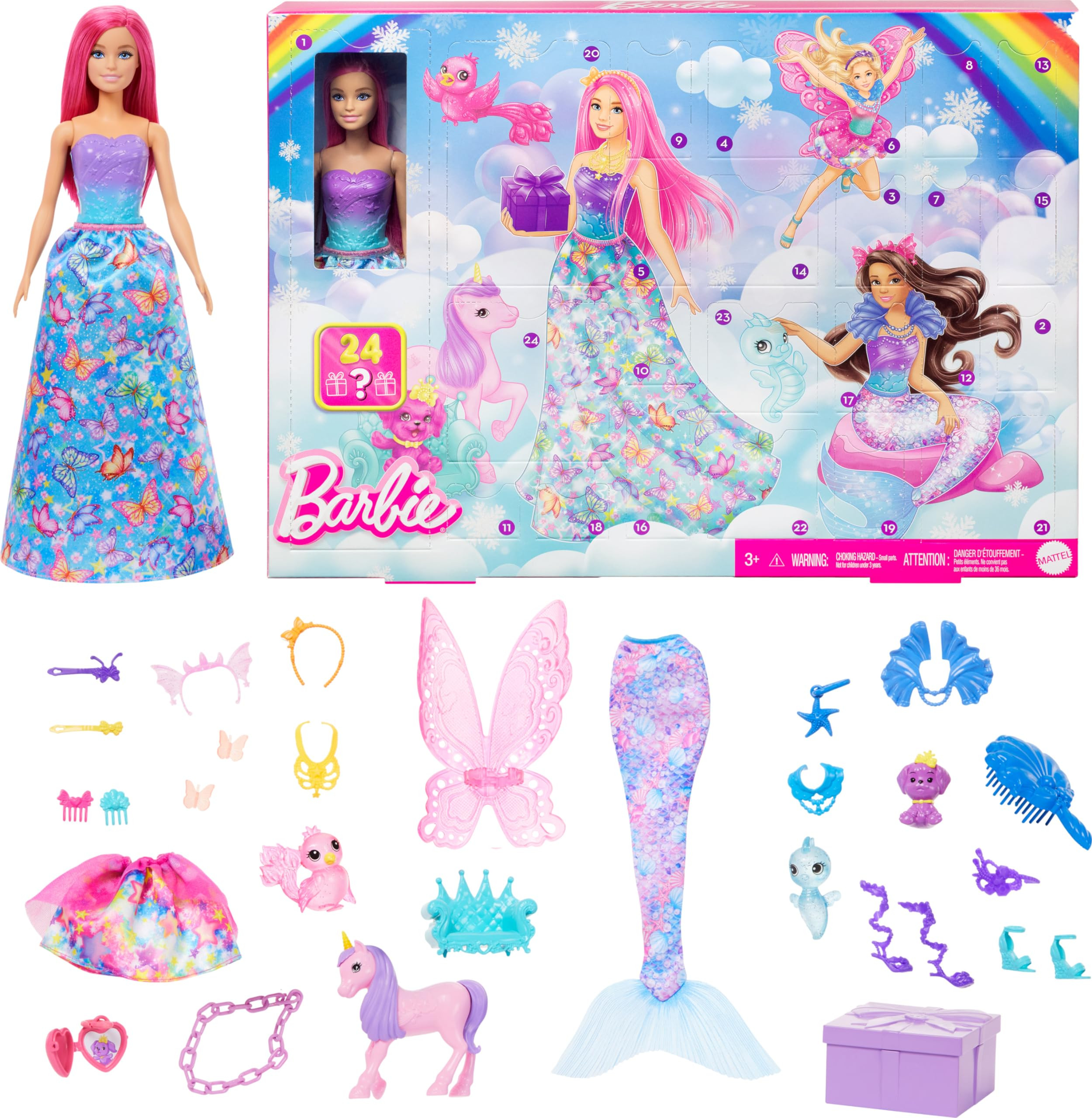 Barbie Advent Calendar with Doll & 24 Surprise Accessories Including Unicorn & 3 Pets, Transform ... | Amazon (US)