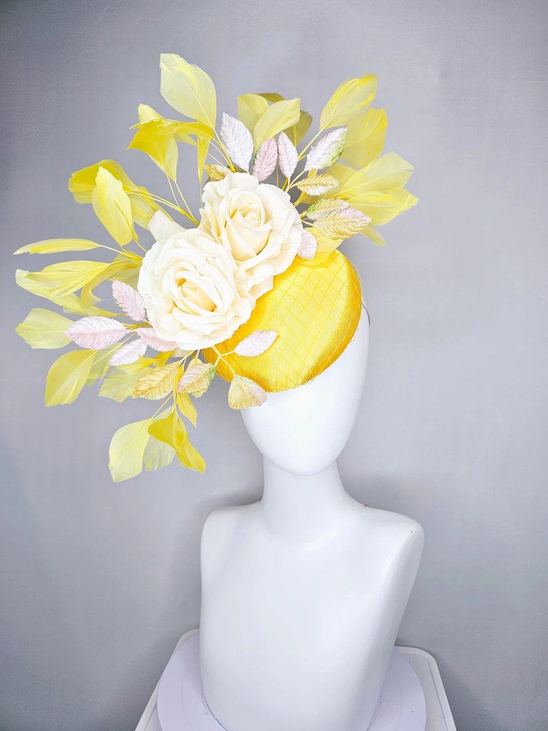 Kentucky Derby Hat Fascinator Bright Yellow Satin With Netting,ivory Cream Satin Roses,ombre Yell... | Etsy (US)