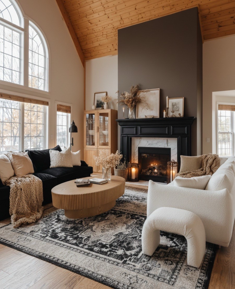 A warm and inviting living room that blends cozy texture with elevated contrast.
This space balances the drama of a black fireplace and rich velvet seating with soft boucle textures and honey oak tones. The vaulted wood ceiling brings natural warmth and dimension, while the oversized arched windows flood the room with soft, golden light.

A ribbed oak coffee table anchors the center, echoing the organic texture of the knit throws and dried florals. The vintage-inspired rug grounds the space with pattern and depth, creating the perfect balance between cozy and sophisticated. 

@shop.LTK app to view this post and get my exclusive app-only content!



#LTKFindsUnder100 #LTKHome #LTKSaleAlert